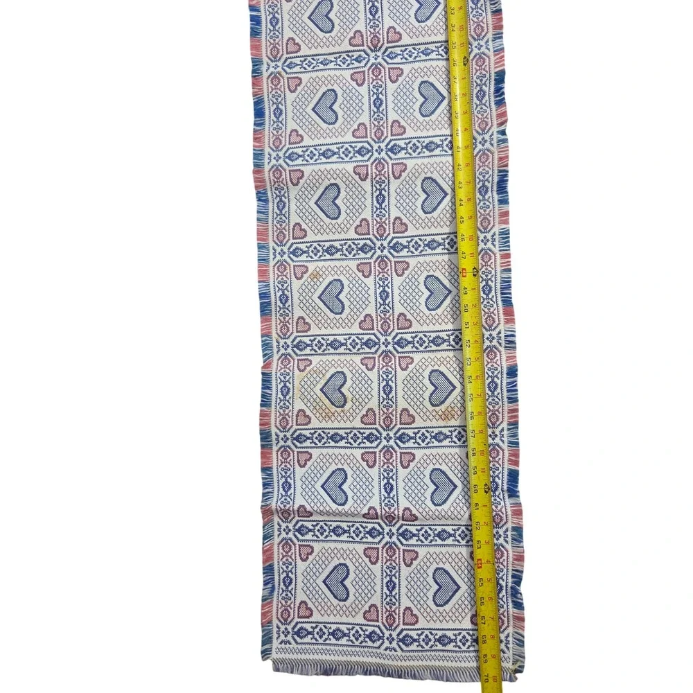 Vtg Woven Heart Table Runner Blue Red White Farmhouse Fringed 14.5x70